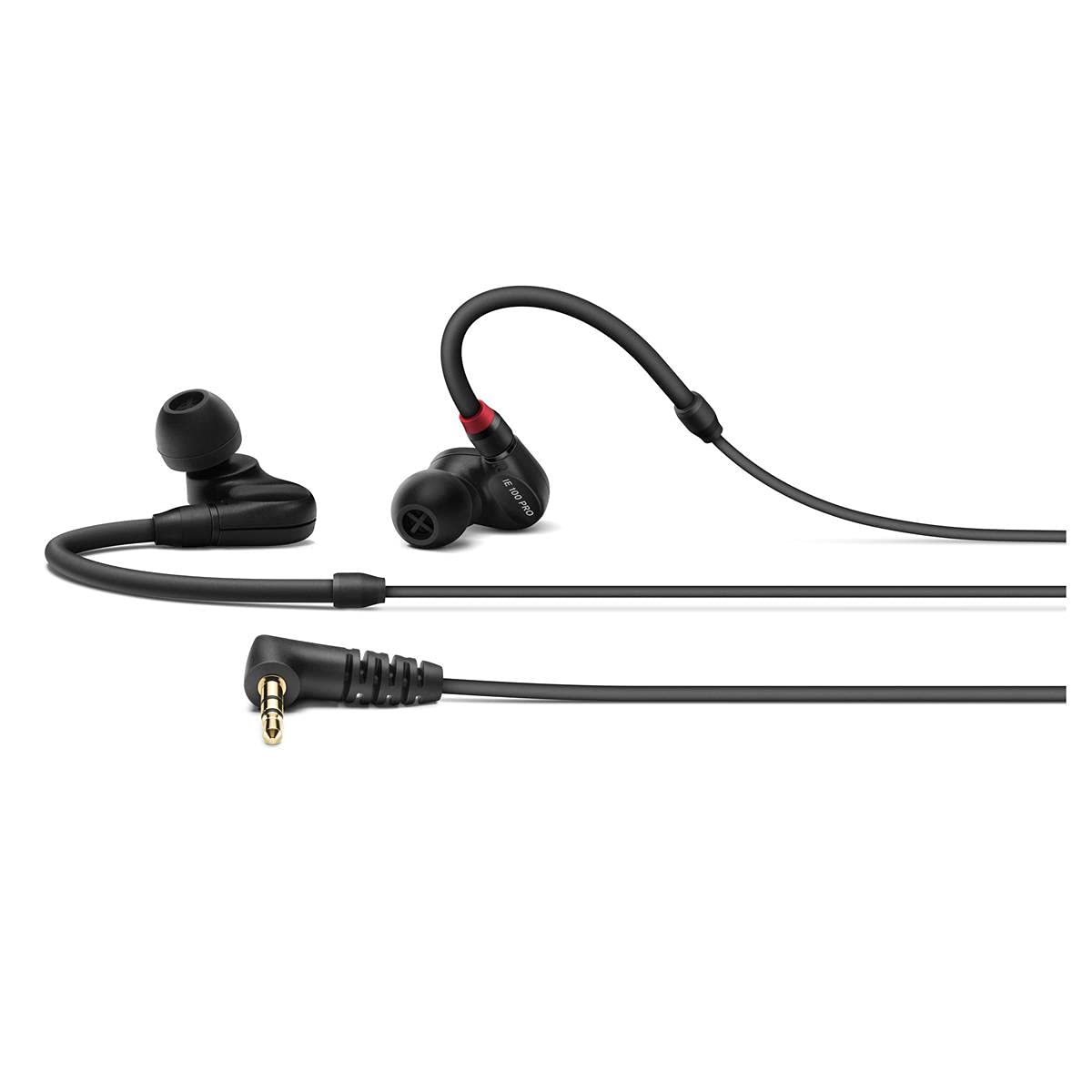 Auriculares intraurales IE 100 PRO de Sennheiser en color negro, diseñados para un ajuste seguro y cómodo con aislamiento acústico, equipados con un transductor de banda ancha dinámico de 10 mm para una monitorización precisa. Incluye cable resistente y adaptadores de oído de silicona y espuma.