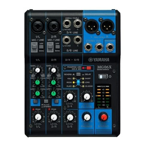 Yamaha MG06X Mischpult in Schwarz, 6-Kanal Mixer mit 2 Mono- und 2 Stereo-Eingängen, D-PRE Mikrofonvorverstärkern, SPX Effektprozessor mit 6 Programmen, ideal für Live-Sessions.