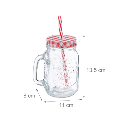 Relaxdays - 4X Vintage Drinking Jars, 500ml, Dishwasher Safe, Incl. Lids & Straws