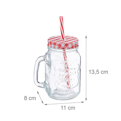 Relaxdays - 4X Vintage Drinking Jars, 500ml, Dishwasher Safe, Incl. Lids & Straws