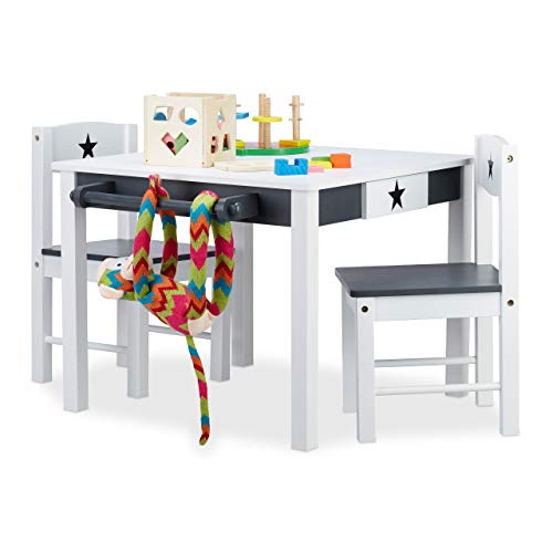 Children's furniture set featuring a wooden table and two chairs in a white and grey color scheme designed for boys and girls, ideal for creating a cozy sitting area.