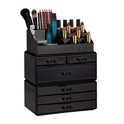 Large black acrylic cosmetic organizer featuring six drawers and twenty-two compartments for makeup storage, measuring 29 by 23.5 by 14 centimeters.