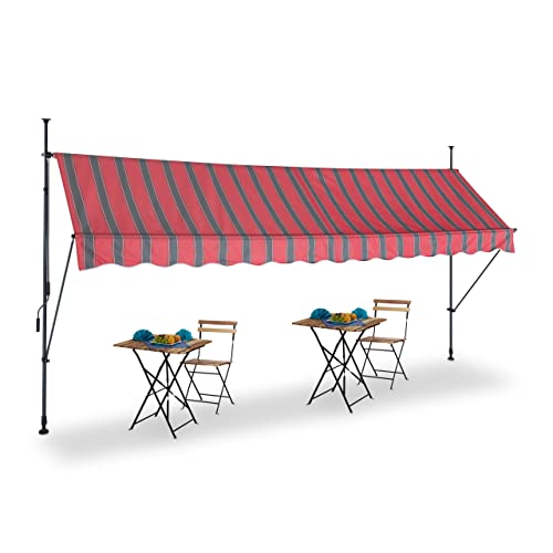 Height adjustable clamp awning in grey and red measuring 400 by 120 centimeters designed for easy installation without drilling and providing UV protection