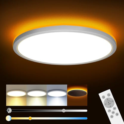 Dimmable ceiling light with remote control featuring a 24W power output and color changing options from 3000K to 6500K. The round flush LED design measures 29CM and is suitable for use in living rooms, kitchens, and bedrooms, providing a warm 1800K night light setting.