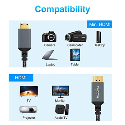 Twozoh - Mini HDMI to HDMI Cable 10FT, High-Speed Braided Cord 4K/60Hz