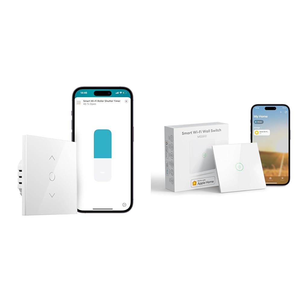 Smart WiFi roller shutter switch by Meross, featuring remote and voice control capabilities, dimensions of 8 x 8 x 3.5 cm, compatible with HomeKit, Alexa, and Google Assistant for automated scheduling and percentage control from 1% to 100%.