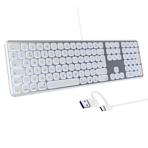 Silver TECURS Mac keyboard featuring a backlit design, quiet slim profile, and full-size layout, designed for use with Apple devices such as iMac, MacBook Pro, MacBook Air, Mac Pro, and Mac Mini, with a UK layout and plug-and-play functionality.