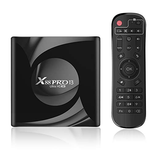 Android TV Box X88 PRO 13 with Android 13.0 OS, featuring RK3528 Quad-Core CPU, 4GB RAM, and 64GB storage; supports WiFi6, Bluetooth 5.0, HDMI output, and offers 8K resolution for streaming services like Netflix and YouTube.