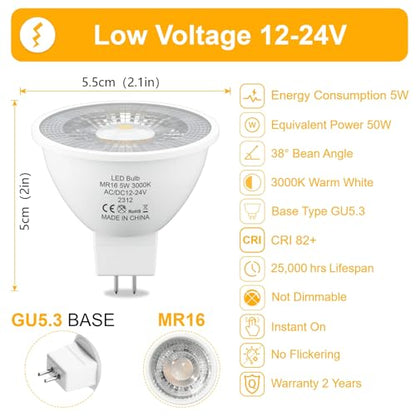 Oraluce - 5W MR16 LED Bulbs, 3000K Warm White, 470Lm, 38° Beam, Pack of 6