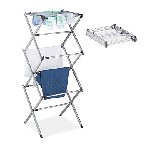 Foldable and extendable laundry drying rack with 11 rails in grey metal and plastic, designed for space-saving use, suitable for drying clothes indoors or outdoors.