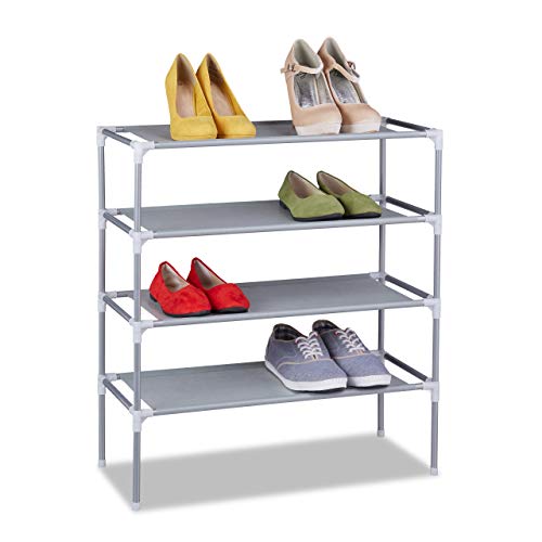 Grey fabric shoe rack with four levels designed to hold up to twelve pairs of shoes measuring 68 cm in height, 62 cm in width, and 28 cm in depth.