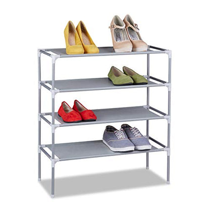 Grey fabric shoe rack with four levels designed to hold up to twelve pairs of shoes measuring 68 cm in height, 62 cm in width, and 28 cm in depth.