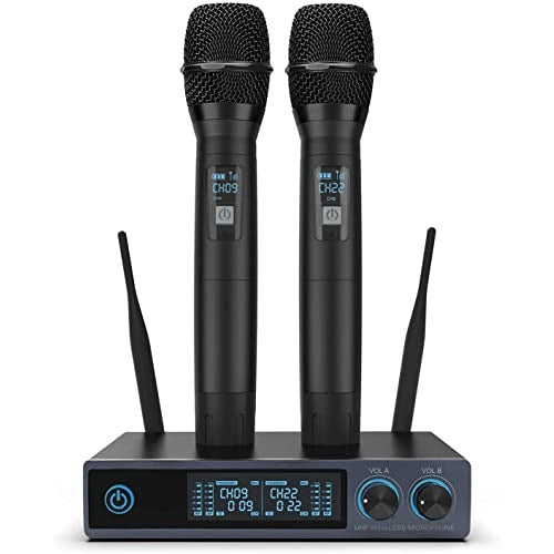 PERWHY Wireless Dual UHF Dynamic Handheld Microphone System for Karaoke, Parties, Meetings, Churches, DJs, Weddings - 200ft Range