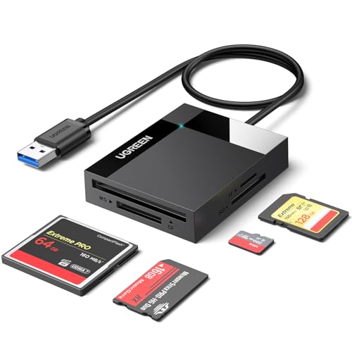 UGREEN USB 3.0 4-in-1 SD card reader in black designed for various memory cards including CF, CFI, TF, SDXC, SDHC, MMC, RS-MMC, Micro SDHC, and UHS-I with a data transfer speed of 5Gbps