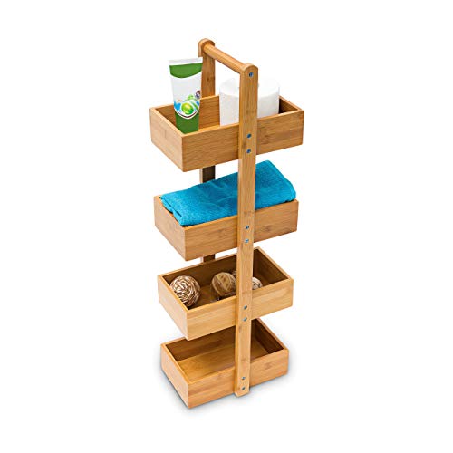 Bamboo bathroom shelf with four baskets designed for storage in wet rooms measuring 75 cm high, 25 cm wide, and 18 cm deep made from natural wood.