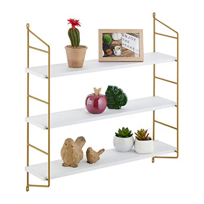 Floating wall shelf with three tiers made of MDF and iron in white and gold, measuring 60 cm in height, 60 cm in width, and 15 cm in depth, designed for living room use.