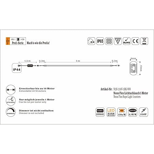 LEDZEIT - Flexible LED Neon Light Strip 5m, Warm White, Waterproof IP65