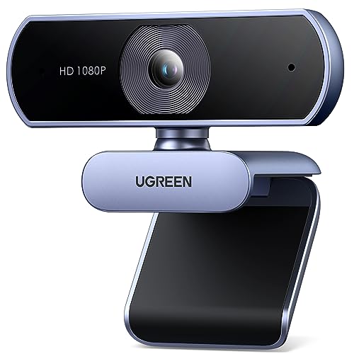 Full HD 1080P UGREEN webcam with 30FPS USB connection featuring two built-in noise-cancelling microphones and 360-degree rotation, compatible with Windows, MacOS, and Linux for streaming on YouTube, Skype, and Zoom video conferencing.