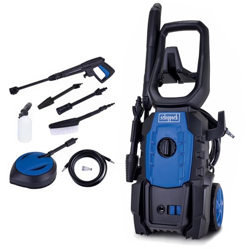 Scheppach HPC1600 pressure washer featuring a 5 meter hose, seven accessories, a maximum pressure of 135 bar, a power output of 1600 watts, and a flow rate of 420 liters per hour, equipped with an aluminum pump, self-suction capability, and a quick connect system.