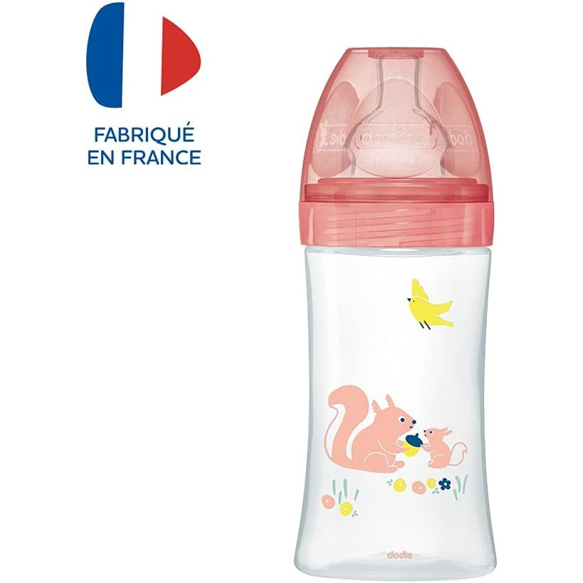 Dodie - Sensation+ Anti-Colic Baby Bottle, Flat Teat, Flow 2, Pink, 0-6 Months, 270 Ml