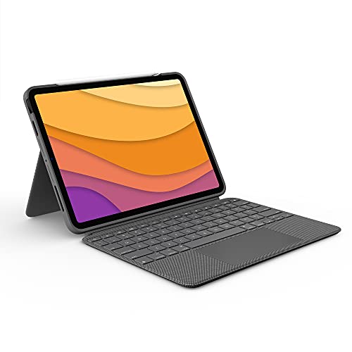 Logitech Combo Touch keyboard case for iPad Air (4th and 5th generation) with detachable keyboard, adjustable kickstand, large trackpad, backlit keys, and front/back protection.