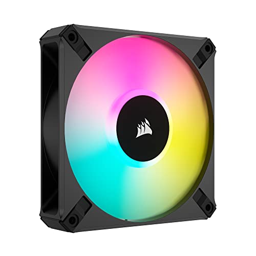 Corsair AF120 RGB ELITE fan with dimensions 4.72"L x 4.72"W x 0.98"H, featuring PWM-controlled speeds from 550 to 2,100 RPM, eight addressable RGB LEDs, and a maximum airflow of 65.57 CFM for optimal cooling performance in desktop systems.