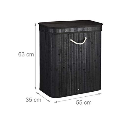 Relaxdays - Lidded Laundry Hamper With 2 Compartments, Bamboo Basket, Black