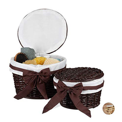 Set of two round decorative storage baskets made of buri wood with a wicker look in chocolate brown, featuring lids and a capacity of 5 liters and 10 liters.