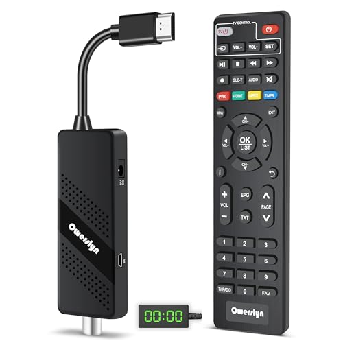 2024 HD TDT Tuner OWERSLYN DVB-T2 HD dongle receiver with HDMI CEC capability featuring 1080P resolution H.265 HEVC 10 bit support includes HDMI AV and USB multimedia output PVR function and universal remote control 2in1