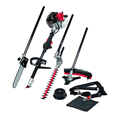 Scheppach petrol multifunction device MT33P featuring a 4-in-1 design that includes a grass trimmer, chainsaw, brush cutter, and hedge trimmer with 1.22 HP power and a two-stroke engine, accompanied by a shoulder strap and hip protection for user safety and comfort.