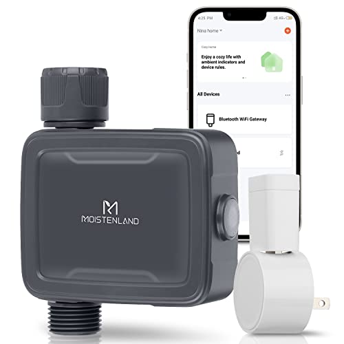 Smart sprinkler timer designed for outdoor use, featuring remote app control and Alexa voice compatibility, ideal for managing garden irrigation for lawns and flowerbeds.