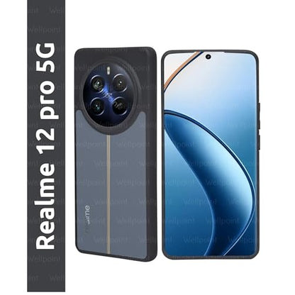 Black designer mobile back case cover for Realme 12 Pro with stand, compatible and trendy, sold individually.