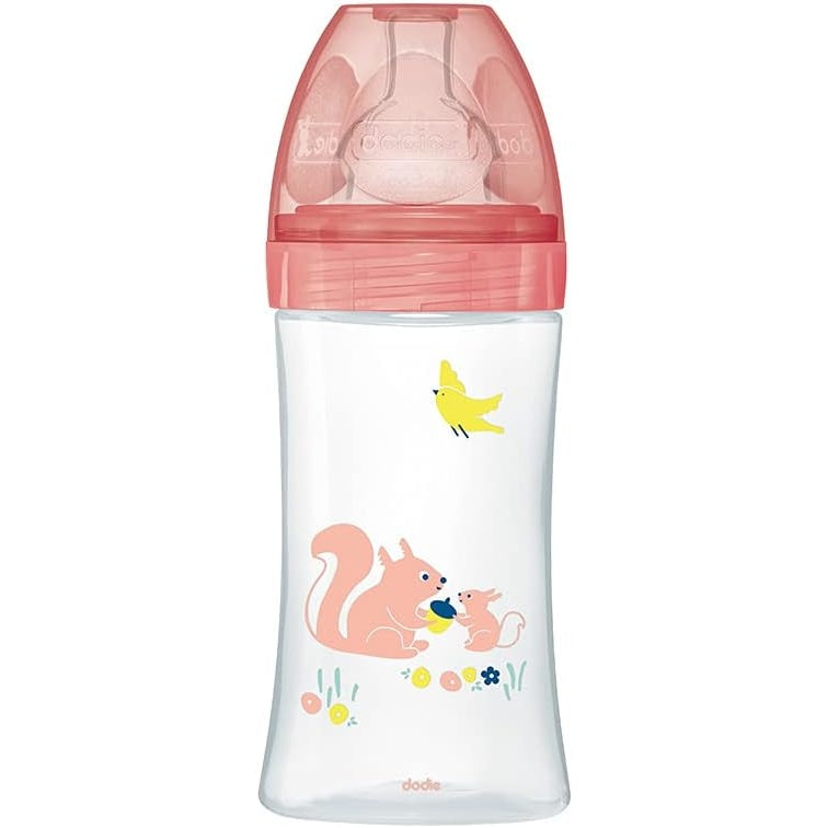 Dodie - Sensation+ Anti-Colic Baby Bottle, Flat Teat, Flow 2, Pink, 0-6 Months, 270 Ml