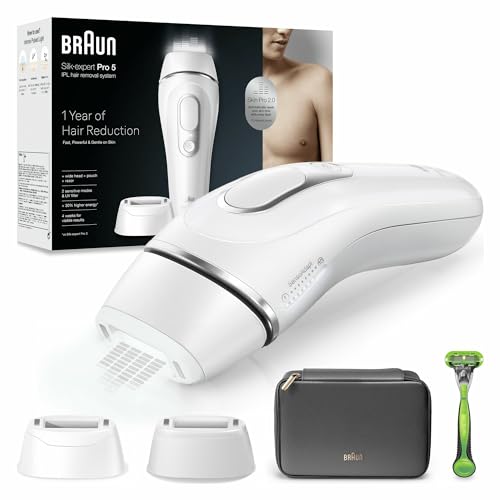 Braun Silk·expert Pro 5 IPL hair removal device in white and silver, featuring a corded electric power source, weighing 500 grams It includes SkinPro 2.0 technology that adapts to skin tone, offers rapid hair removal with up to 125 light pulses per minute, and features two sensitive modes for gentle application on delicate areas. The package contains a storage bag, Gillette razor, standard and wide attachments for full body treatment.