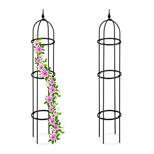 Set of two black metal garden obelisks, each 130 cm tall, designed to support climbing plants, featuring a rose cage design and free-standing structure.