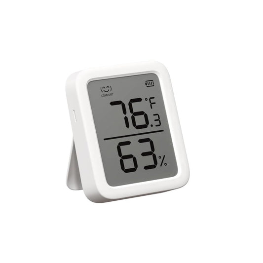 SwitchBot Meter Plus thermometer and hygrometer with a 3-inch display, designed for accurate temperature and humidity readings, featuring Bluetooth connectivity, on-board data storage, push notifications, and versatile mounting options.