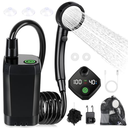 Portable camping shower with a 6000mAh rechargeable battery featuring an intelligent LED display, four spray modes, and IPX7 waterproof design, ideal for outdoor activities like hiking and travel, suitable for pets as well.