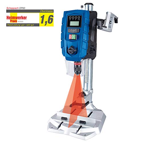 Scheppach DP60 710W bench pillar drill featuring a digital display, laser guide, and a 13mm chuck in an industrial setting