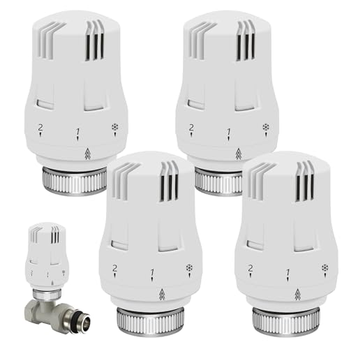 Image of AVCXEC thermostatic radiator valves, featuring 4 included components, adjustable temperature settings with a range from 0 to 5 levels, made from high-quality alloy and plastic materials in a chrome finish. The product dimensions are 20 x 10 x 4 cm, weighing 410 g, suitable for M30x1.5 thread connection and designed for use in cold regions with antifreeze function.