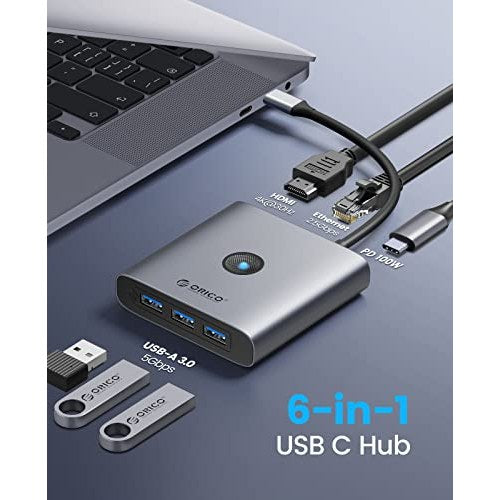 ORICO - 6-in-1 USB C Hub with 2.5G Ethernet, 3 USB-A Ports, 4K HDMI, 100W PD Charging