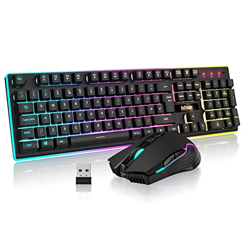 Wireless gaming keyboard and mouse combo featuring a mechanical feel keyboard with LED backlighting and a rechargeable 3800mAh battery, designed for PC gamers with a UK layout and a 7D mouse with 3200DPI sensitivity in black color.