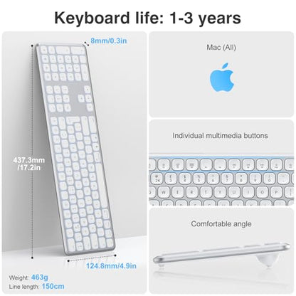 TECURS - Mac Backlit USB Wired Keyboard for iMac, MacBook Pro/Air - Silver