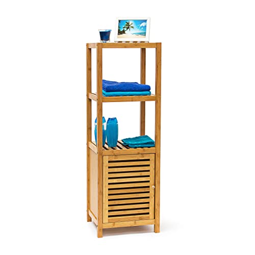 Bamboo shelving unit for bathroom or kitchen with four shelves and a closed door, dimensions 110 by 36.5 by 33 cm, in a natural wood finish.