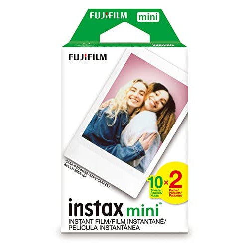 Fujifilm Instax Mini film pack featuring color instant film designed for use with Instax Mini cameras, providing 10 exposures per roll and developing instantly to capture moments in vibrant colors with natural skin tones. The credit card-sized film measures 2.4" x 1.8", making it portable and easy to personalize with messages.