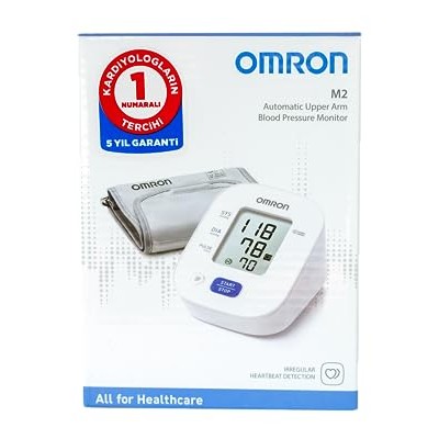 Automatic Upper Arm Blood Pressure Monitor by Omron, battery-powered with a digital display, includes a medium-sized cuff for adult use.