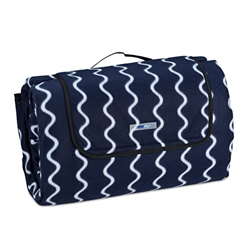 XXL picnic blanket with aluminum coating featuring a striped design in dark blue and white, measuring 200 by 300 centimeters, designed for outdoor use with a convenient handle for easy folding and transport.