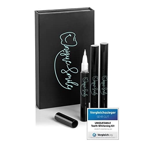 Teeth whitening gel by UniqueSmile in a packaging displaying three refill pens, designed for effective and pain-free tooth whitening with innovative PAP formula.