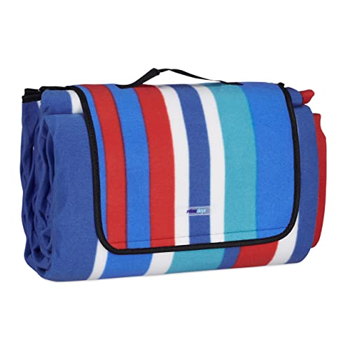 XXL picnic blanket measuring 200 by 300 centimeters featuring insulated and waterproof striped fleece material ideal for beach outings soft texture with a convenient carry handle in vibrant colors