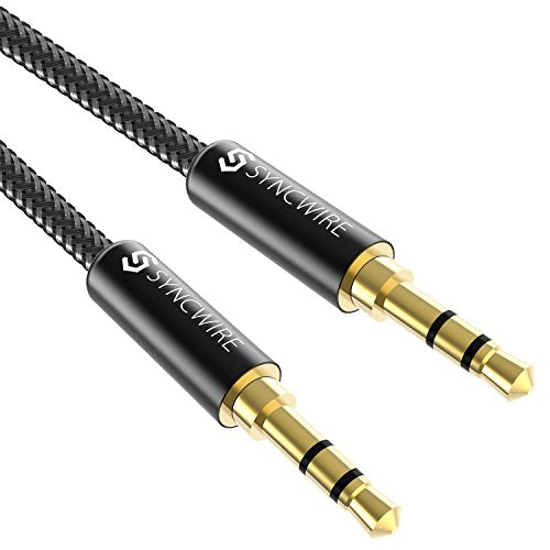 Black nylon 3.5 mm audio cable measuring 3 meters designed for connecting headphones, Apple devices, Echo Dot, home and car stereos, smartphones, and MP3 players.