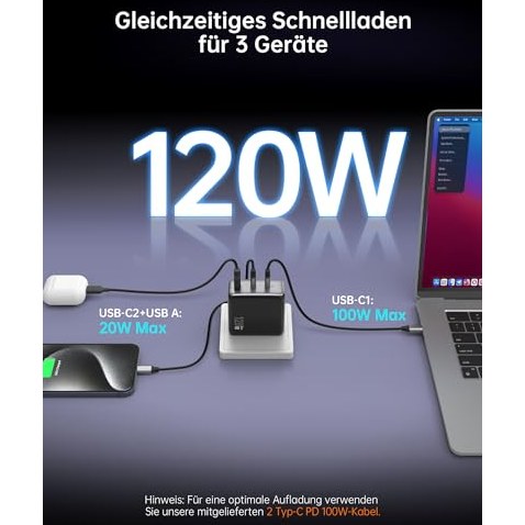 NOVOO - 120W USB-C GaN III 3-Port Quick Charger with PD 100W Cables